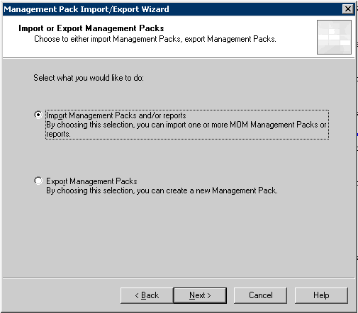 Import Management Packs and/or reports option screen