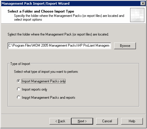 Folder and Import Type selection screen