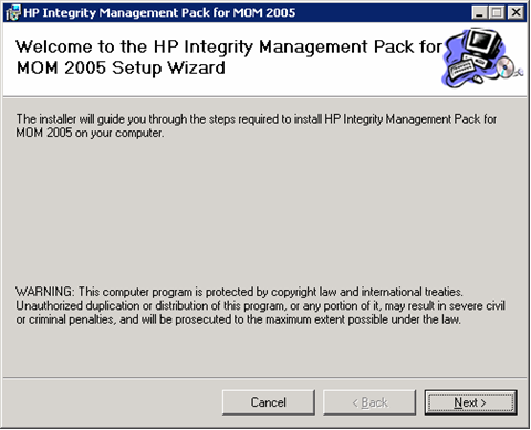 HP Integrity Management Pack for MOM 2005 SP1 Setup Wizard (Integrity)