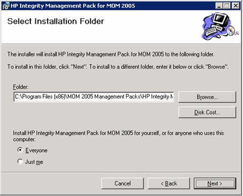 HP Integrity Management Pack for MOM 2005 SP1 Select Installation Folder (Integrity)